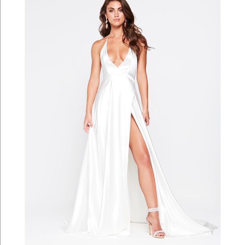 Want My Look side slit dress halter silk white